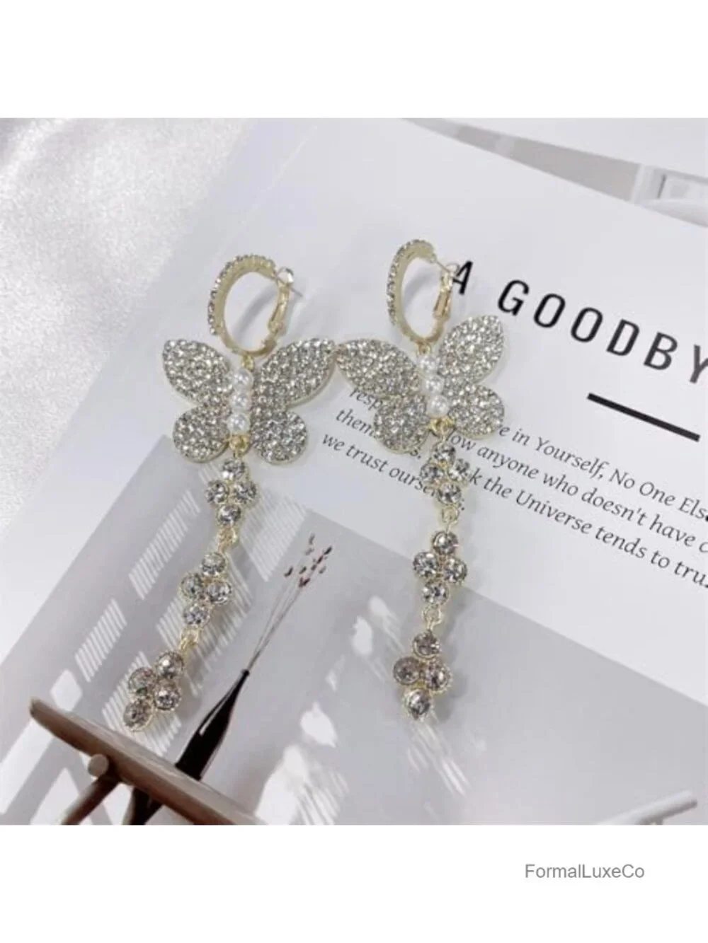 Crystal Butterfly Dangle Drop Hoop Earrings Gold Plated Huggie Pearl Cubic
